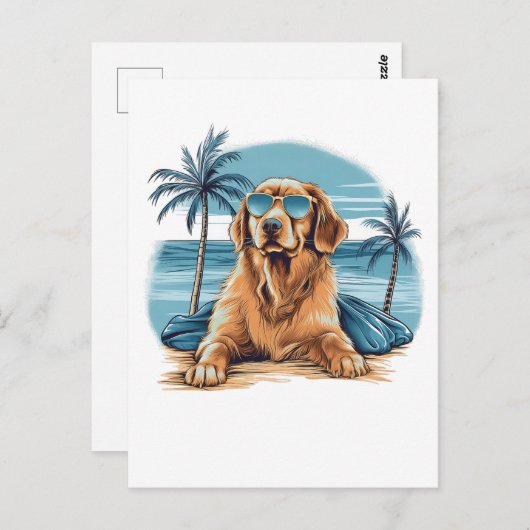 Olden-Retriever mit Sonnenbrille am Strand Postkarte (Vorne/Hinten)