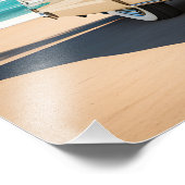 Oldtimer am Strand mit Surfbrett Fotodruck (Ecke)
