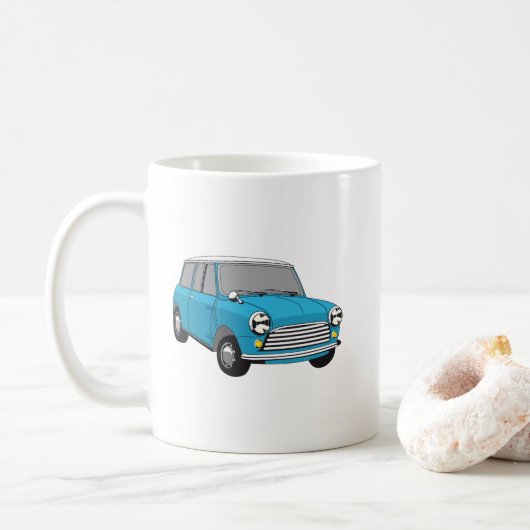 Oldtimer Blauer British Mini Cooper Kaffeetasse (Mit Donut)
