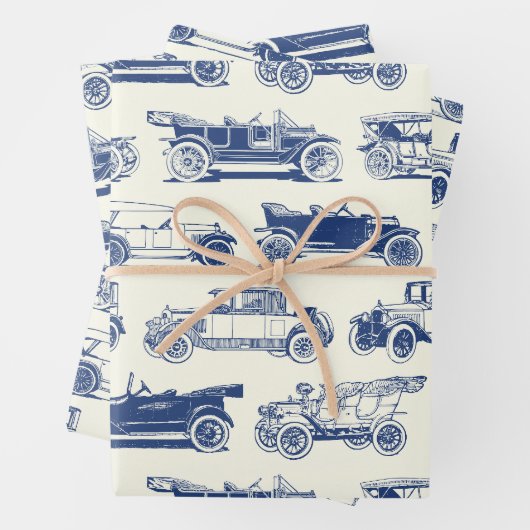 Oldtimer Blaues Vintage-Automodell Geschenkpapier Set (Beispiel)