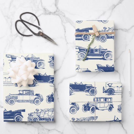 Oldtimer Blaues Vintage-Automodell Geschenkpapier Set (Vorderseite)