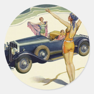Oldtimer-Cabrio auf dem Strand Runder Aufkleber