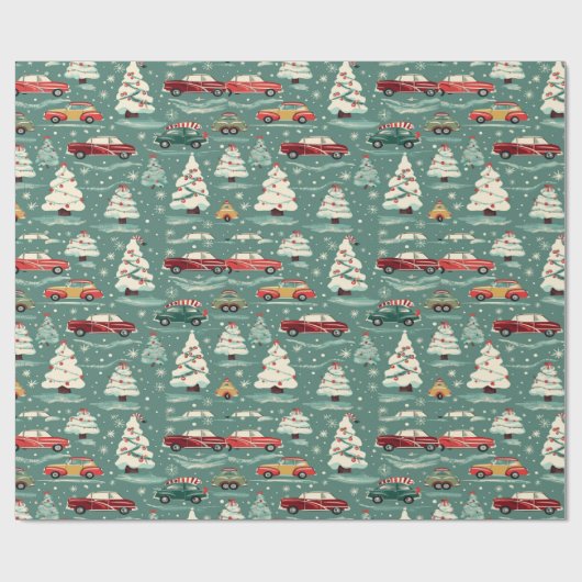 Oldtimer durch Weihnachtsbäume Geschenkpapier (Flach)