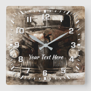 Oldtimer-Grafik Ihr Text Quadratische Wanduhr