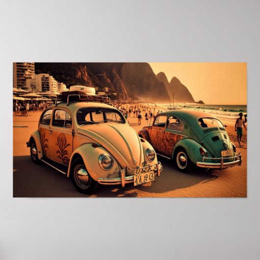 Oldtimer Käfer am Strand von Copacabana Poster (Vorne)