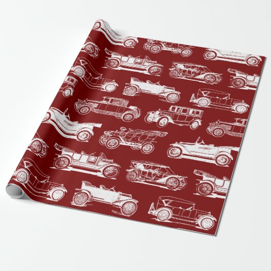 Oldtimer Red White Vintage Car Muster Geschenkpapier (Ungerollt)