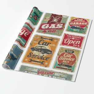 Oldtimer-Service und Tankstelle vintage Metall  Geschenkpapier