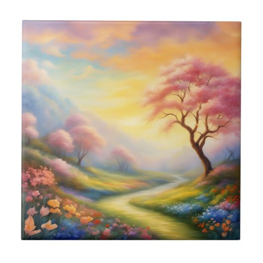Ölfarbe malt eine Frühlingslandschaft mit Fluss Fliese (Vorderseite)