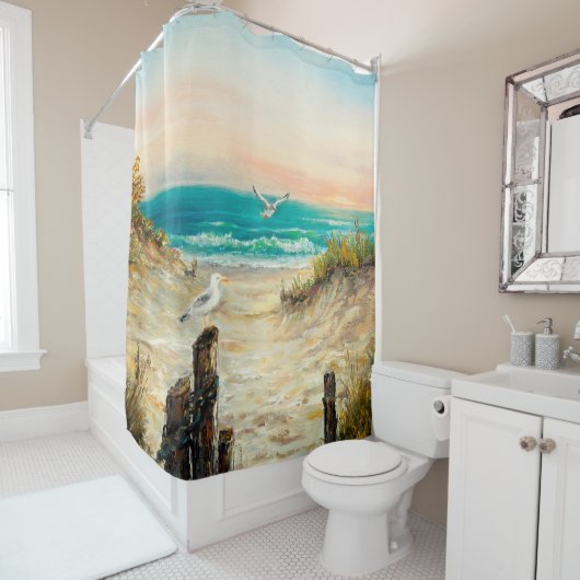 Ölgemälde an Meeresdünen mit Möwen Duschvorhang (Beispiel)