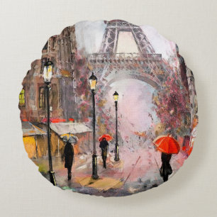 Ölgemälde auf Leinwand, Straßenansicht von Paris. Rundes Kissen