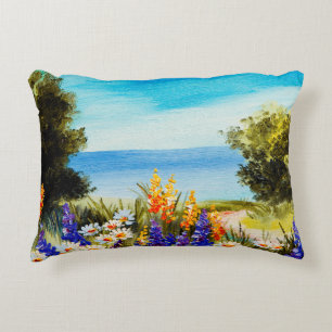 Ölgemälde Blumen in der Nähe des Meeres, Kamillenf Dekokissen