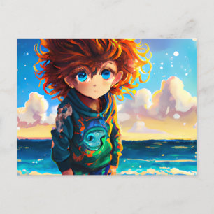 Ölgemälde eines Anime Boy mit rotem Curly-Haar Postkarte