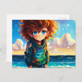 Ölgemälde eines Anime Boy mit rotem Curly-Haar Postkarte (Vorne/Hinten)
