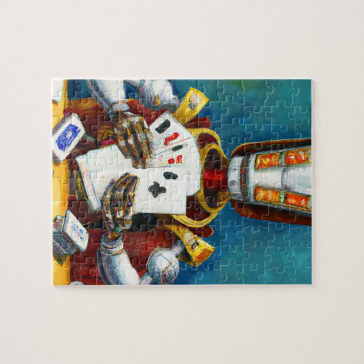 Ölgemälde eines Roboters, der Karten spielt Puzzle (Horizontal)