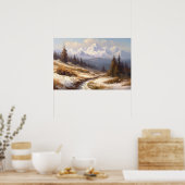 Ölgemälde kurvenreicher Weg schneebedeckte Bergvor Poster (Küche)