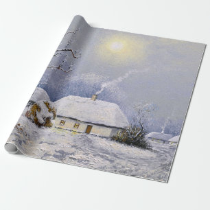 Ölgemälde ländlicher Landschaft. Winter. Altes Dor Geschenkpapier