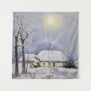 Ölgemälde ländlicher Landschaft. Winter. Altes Dor Wandteppich