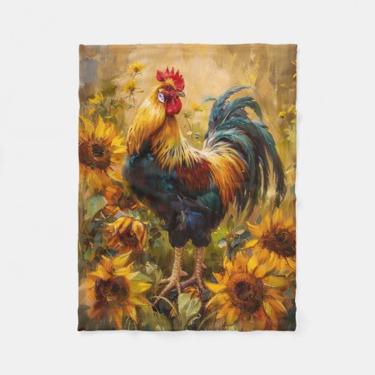 Ölgemälde mit Hahn und Sonnenblumen Fleecedecke (Vorderseite)