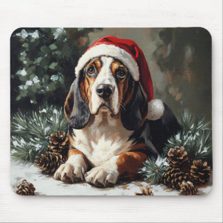 Ölgemälde mit niedlicher Basset-Weihnachtsmannmütz Mousepad