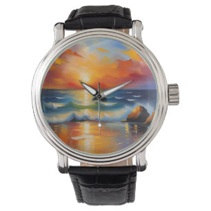Ölgemälde mit orangefarbenem Sonnenuntergang über Armbanduhr