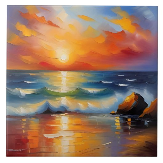 Ölgemälde mit orangefarbenem Sonnenuntergang über Fliese (Vorderseite)
