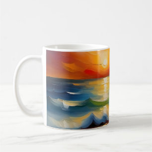 Ölgemälde mit orangefarbenem Sonnenuntergang über Kaffeetasse