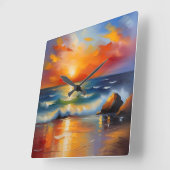 Ölgemälde mit orangefarbenem Sonnenuntergang über Quadratische Wanduhr (Winkel)