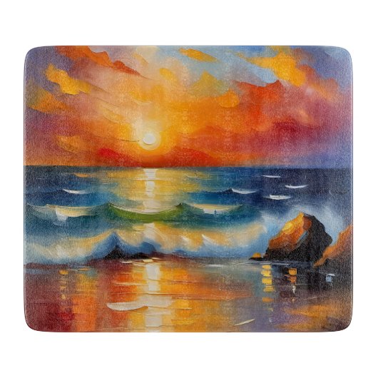 Ölgemälde mit orangefarbenem Sonnenuntergang über Schneidebrett (Vorderseite)
