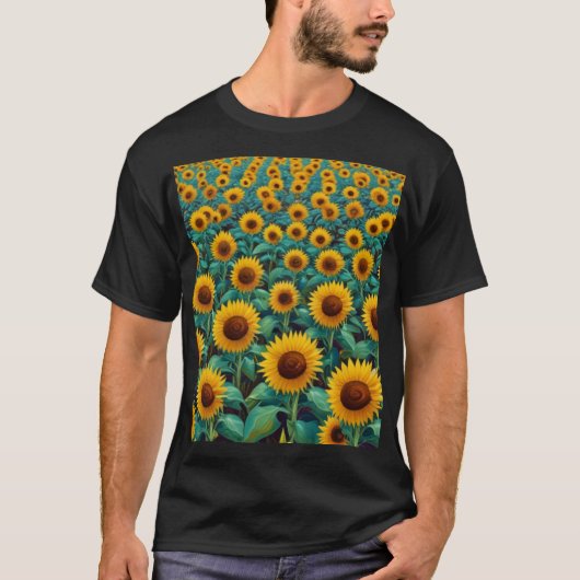 Ölgemälde. Sonnenblumenfeld. Moderne Kunst T-Shirt (Vorderseite)