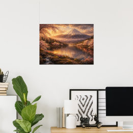 Ölgemälde von Mount Fuji & Kirschblüten Poster