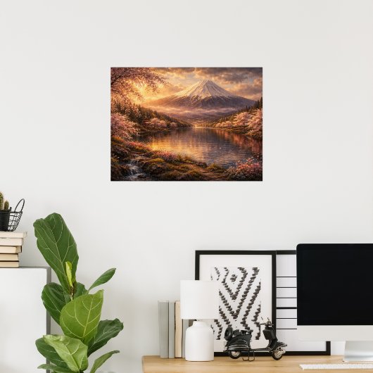 Ölgemälde von Mount Fuji & Kirschblüten Poster (Heimbüro)