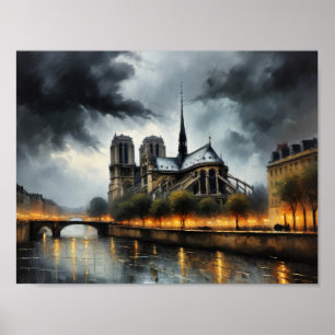 Ölgemälde von Notre Dame de Paris bei Nacht Poster