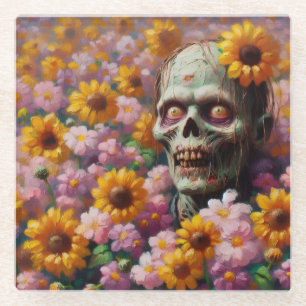 Ölgemälde von Zombie im Halloween-Blume Glasuntersetzer
