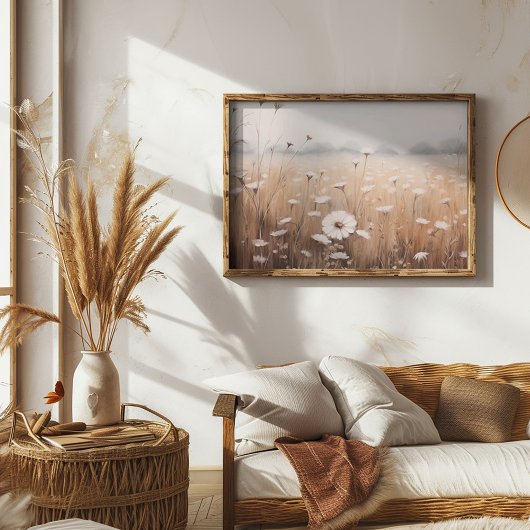 Ölgemäldefeld von Blume mit nebelhaftem Himmel Poster