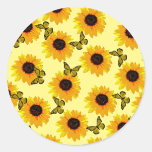 Ölgemalte Sonnenblumen und Schmetterlinge, Runder Aufkleber