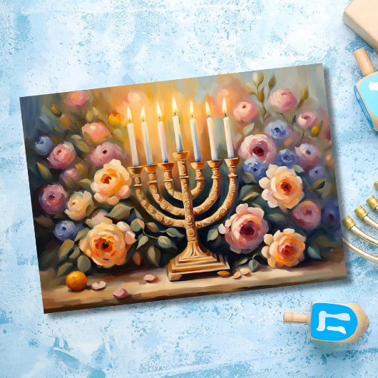 Ölgemälztes Floral Lit Menorah Karte