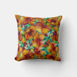 Olina Orange & Green Hibiskus Wasserfarbe Tropisch Kissen