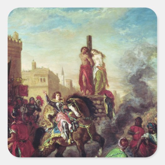 Olinda und Sophronia auf dem Pyre Quadratischer Aufkleber (Vorderseite)