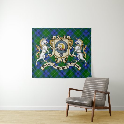 Oliphant Clan Abzeichen & Unicorns w/Tartan Wandteppich (Beispiel (Horizontal))