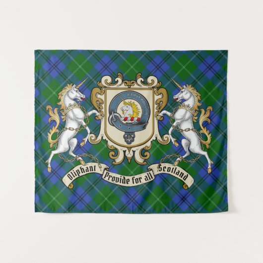 Oliphant Clan Abzeichen & Unicorns w/Tartan Wandteppich (Vorderseite (Horizontal))