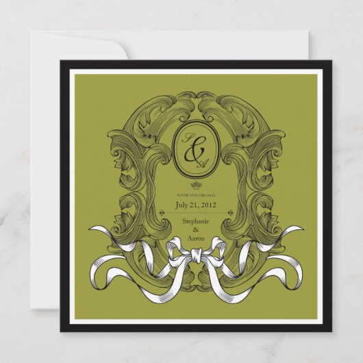 Olive Art Deco Bow Vintag Save the Date (Vorderseite)