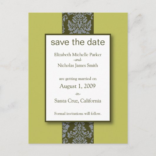 Olive Baroque Damask Save the Date Postkarte (Vorderseite)