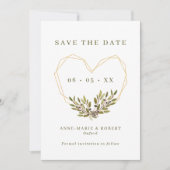 Olive & Blätter Geometrisches Herz-Hochzeitssemble Save The Date (Vorderseite)