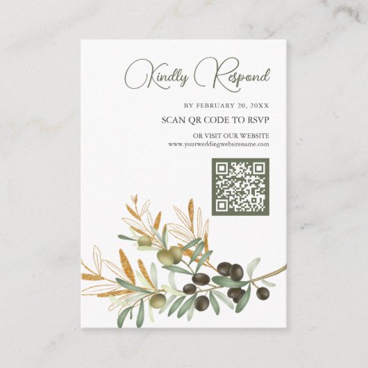 Olive Blätter Gold Branch QR Code UAWG Wedding Begleitkarte (Vorderseite)