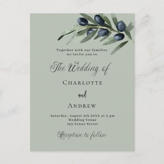 Olive Blätter Grünpflanzen Hochzeit Einladungspostkarte (Vorderseite)