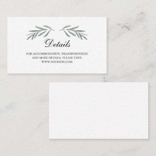 Olive Blätter Hochzeitsdetails. Italienische Beila Begleitkarte (Vorne/Hinten)