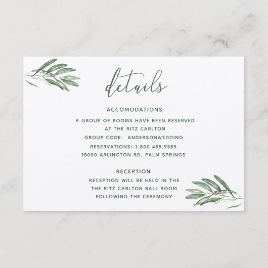 Olive Blätter Hochzeitskarte Begleitkarte (Vorderseite)