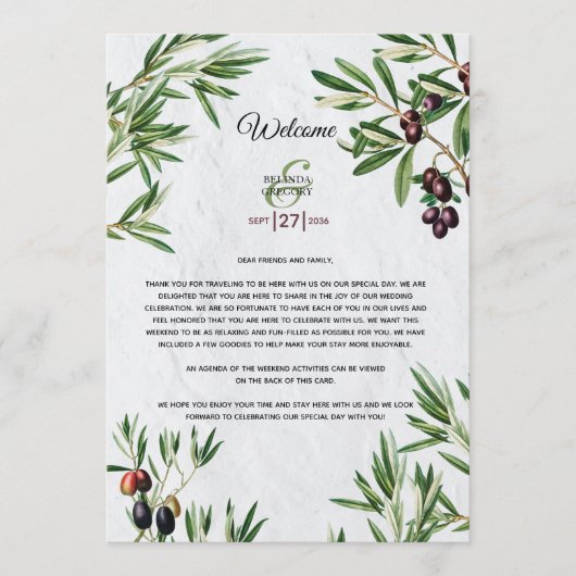 Olive-Blätter Hochzeitstag Begrüßung Programm (Vorderseite)