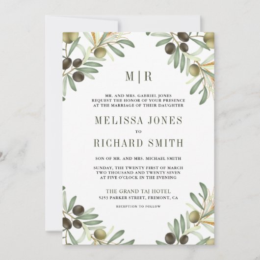 Olive-Blätter in einem QR-Code Einladung (Vorderseite)