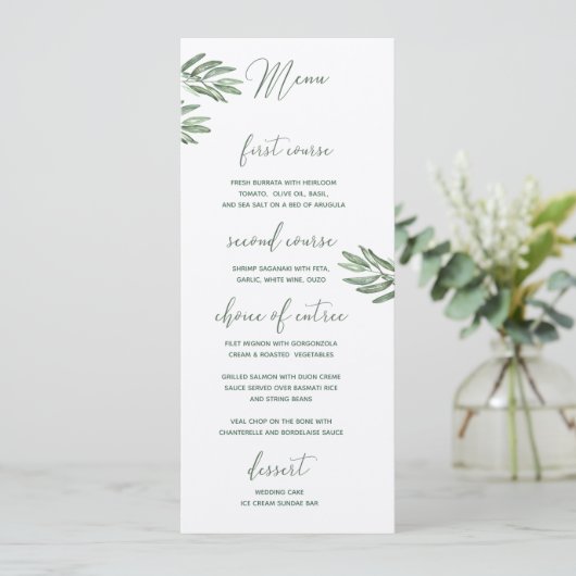 Olive Blätter Wedding Menu Menükarte (Stehend Vorderseite)